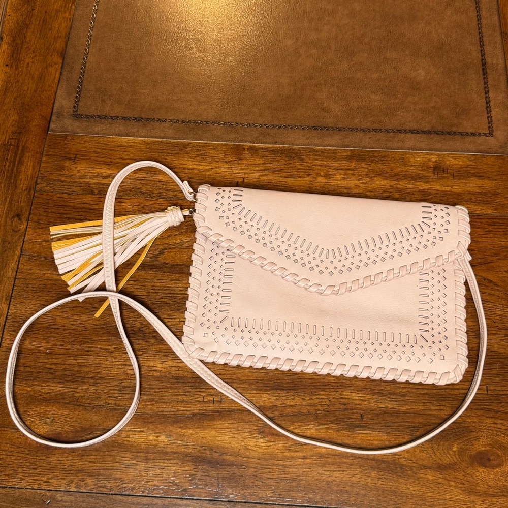 Blush Pink Laser Cut Whipstitch Envelope Crossbody Bag with Tassel Accent